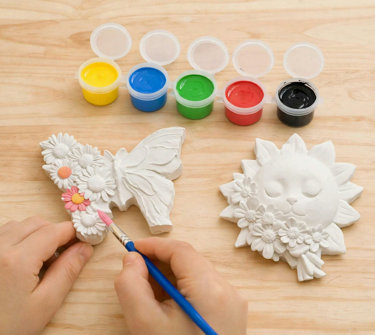 Kinder Malset „Schmetterling & Sonnenblume“ mit Pinsel, Farbe und Magnet – handgegossene Gipsfiguren zum Selbstgestalten