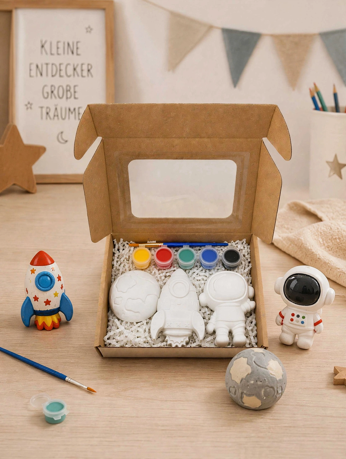 Kinder Malset „Weltraum Abenteuer“ mit Pinsel, Farbe und Magnet – handgegossene Gipsfiguren zum Selbstgestalten.