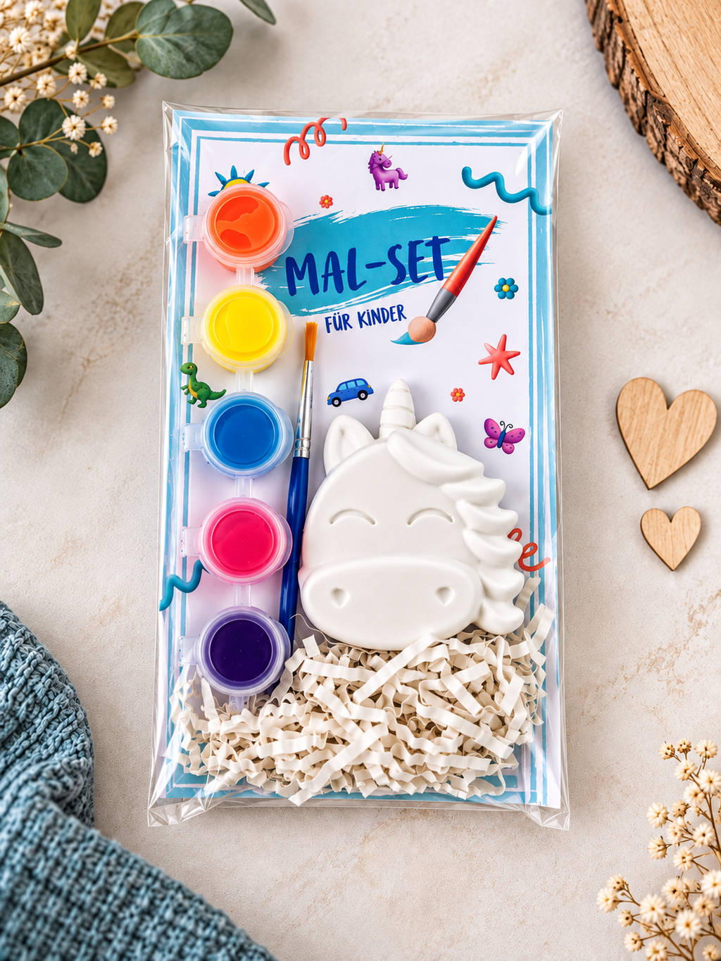 Gipsfiguren zum bemalen inkl. Farben, Pinsel und Magnet. Einzeln verpackt im Säckchen.