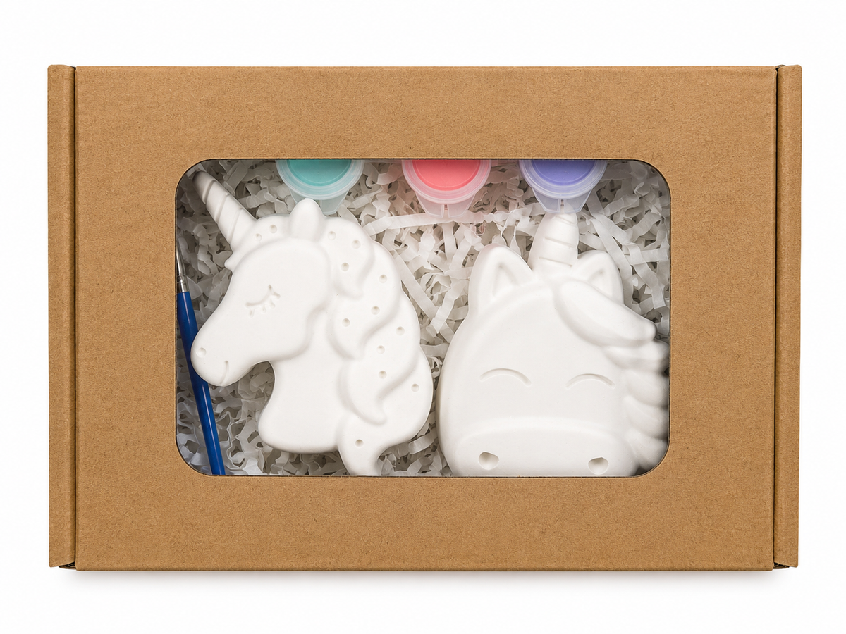 Kinder Malset „Einhorn“ mit Pinsel, Farbe und Magnet – handgegossene Gipsfiguren zum Selbstgestalten.