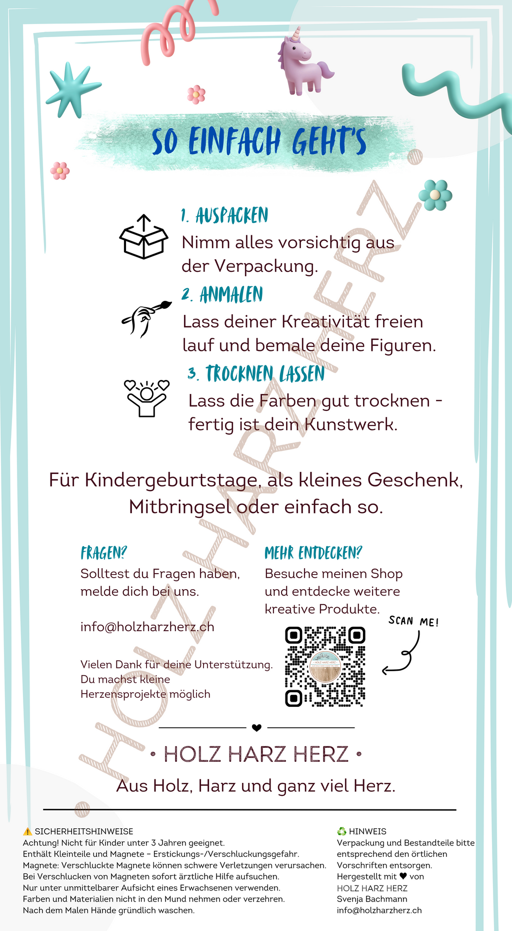 Gipsfiguren zum bemalen inkl. Farben, Pinsel und Magnet. Einzeln verpackt im Säckchen.