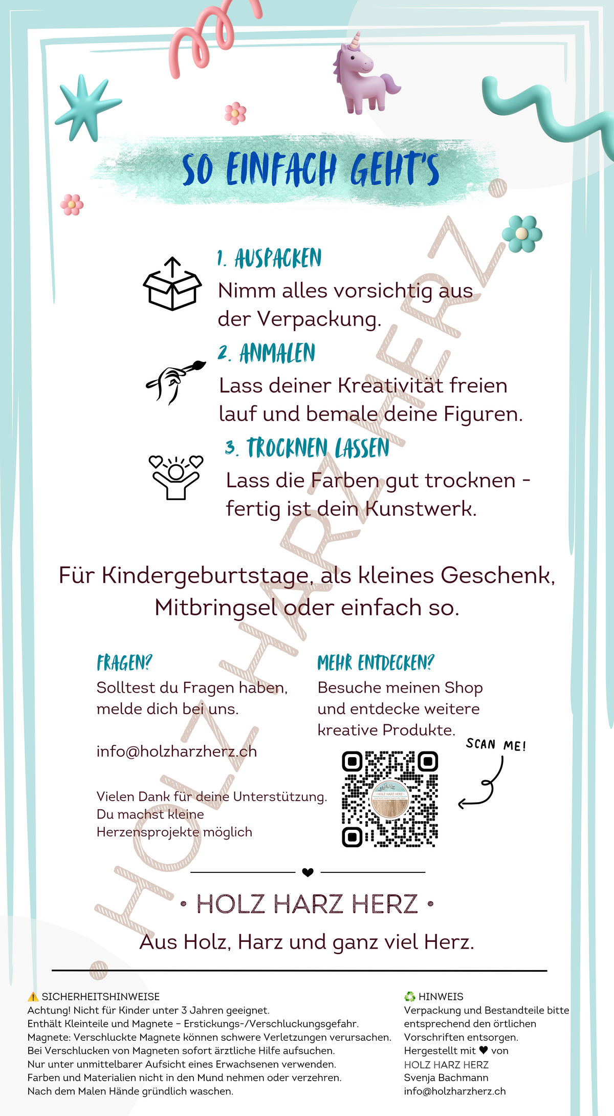 Gipsfiguren zum bemalen inkl. Farben, Pinsel und Magnet. Einzeln verpackt im Säckchen.