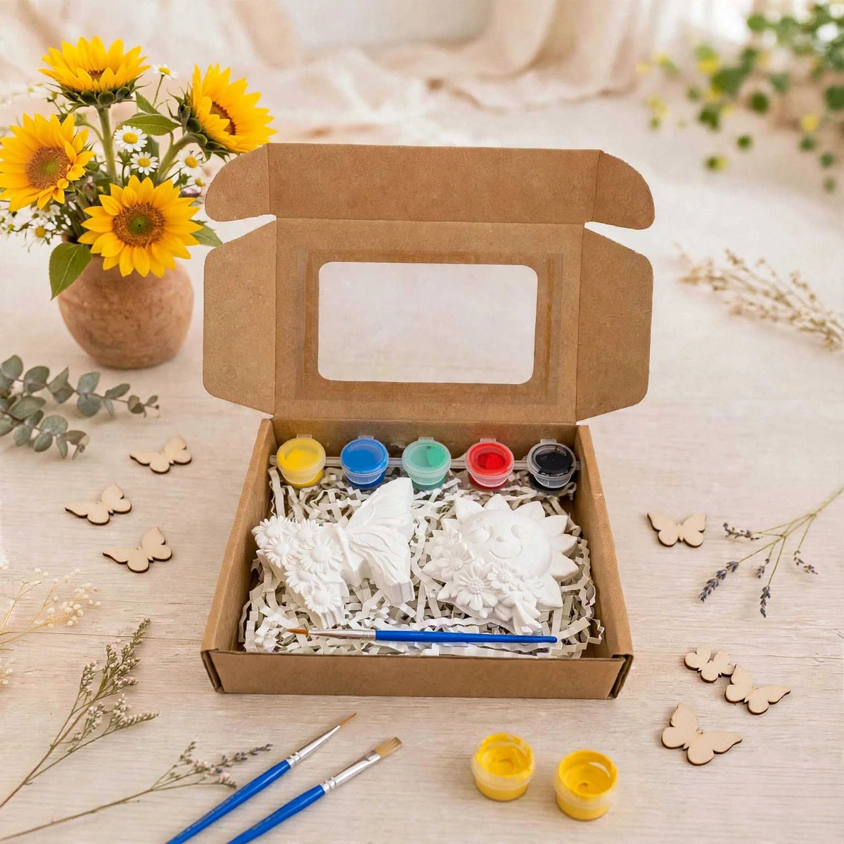 Kinder Malset „Schmetterling & Sonnenblume“ mit Pinsel, Farbe und Magnet – handgegossene Gipsfiguren zum Selbstgestalten