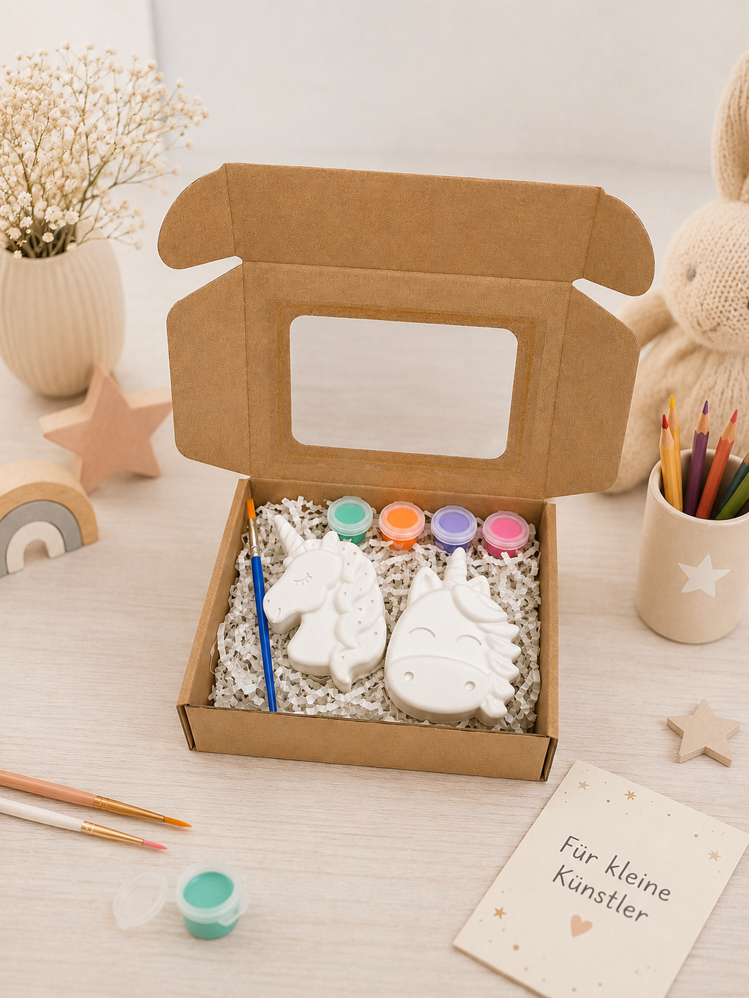 Kinder Malset „Einhorn“ mit Pinsel, Farbe und Magnet – handgegossene Gipsfiguren zum Selbstgestalten.